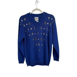Cervelle Blue Embellished Sweater Holiday NYE Elegant Party Womens Large